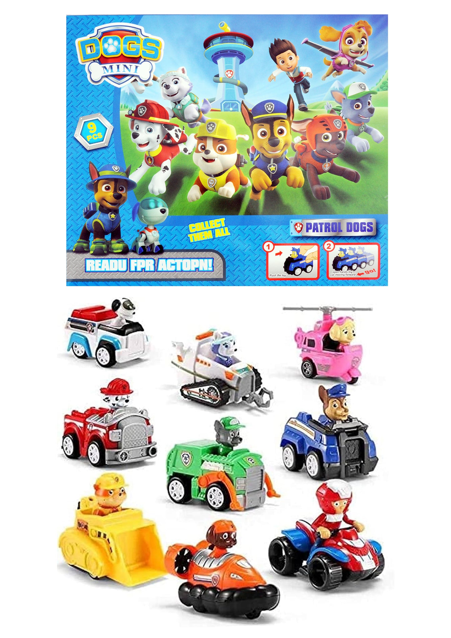 9-Piece Dog Patrol Toy Car Set with Action Figures for Kids